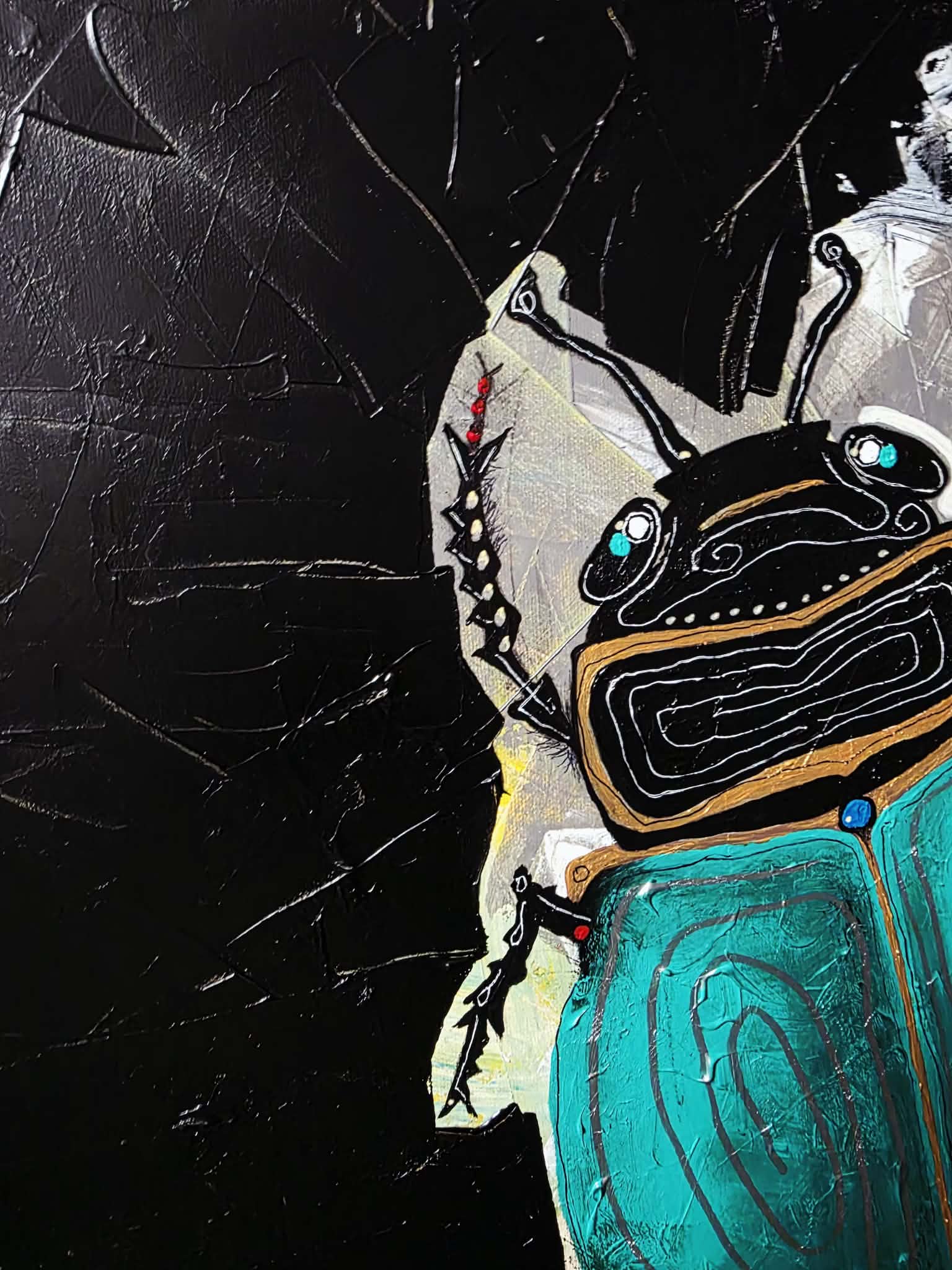 Acrylic painting of a beetle in black and teal on a textured canvas.