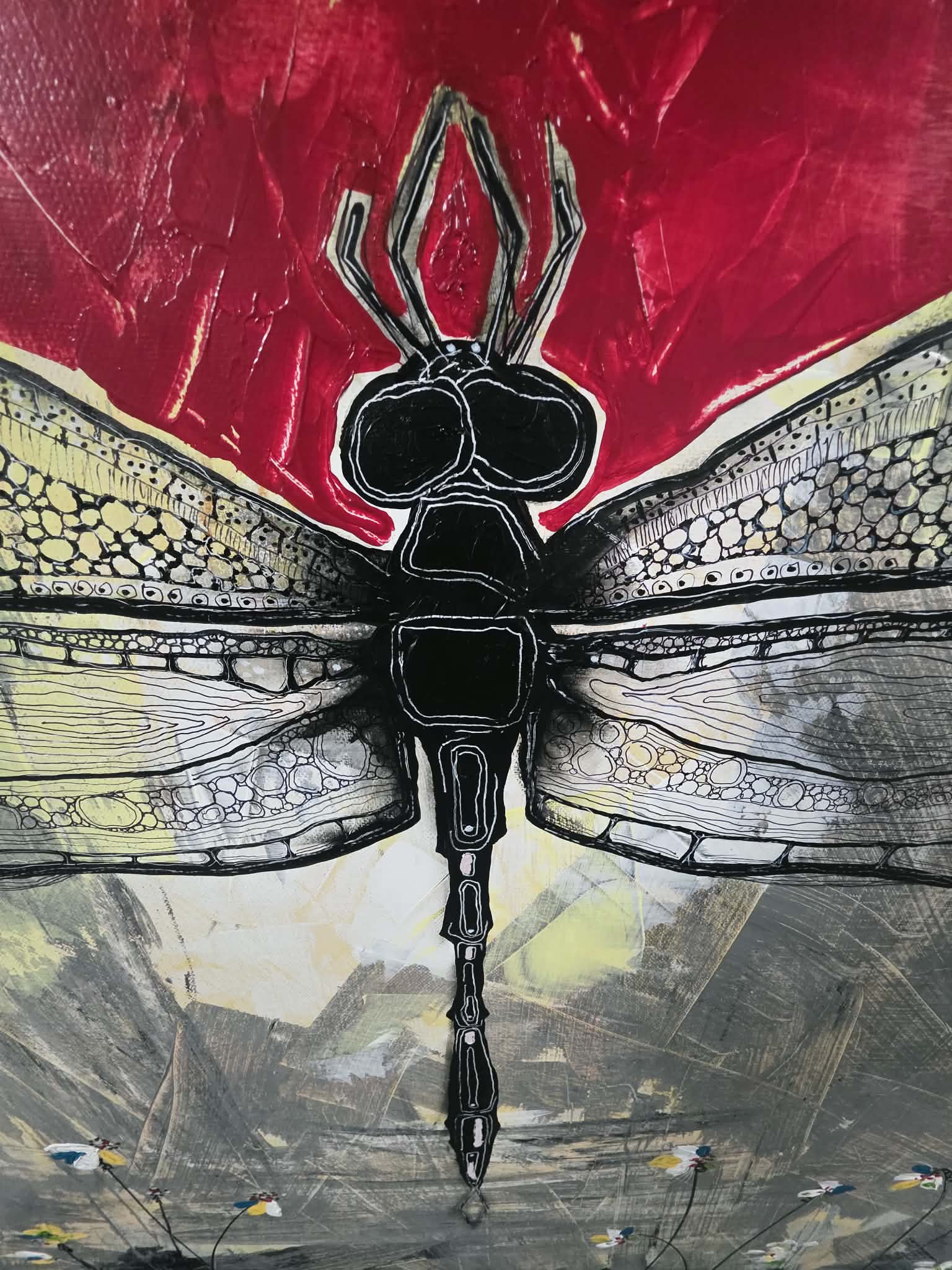 Acrylic painting of a dragonfly with patterned wings against a deep red sky.