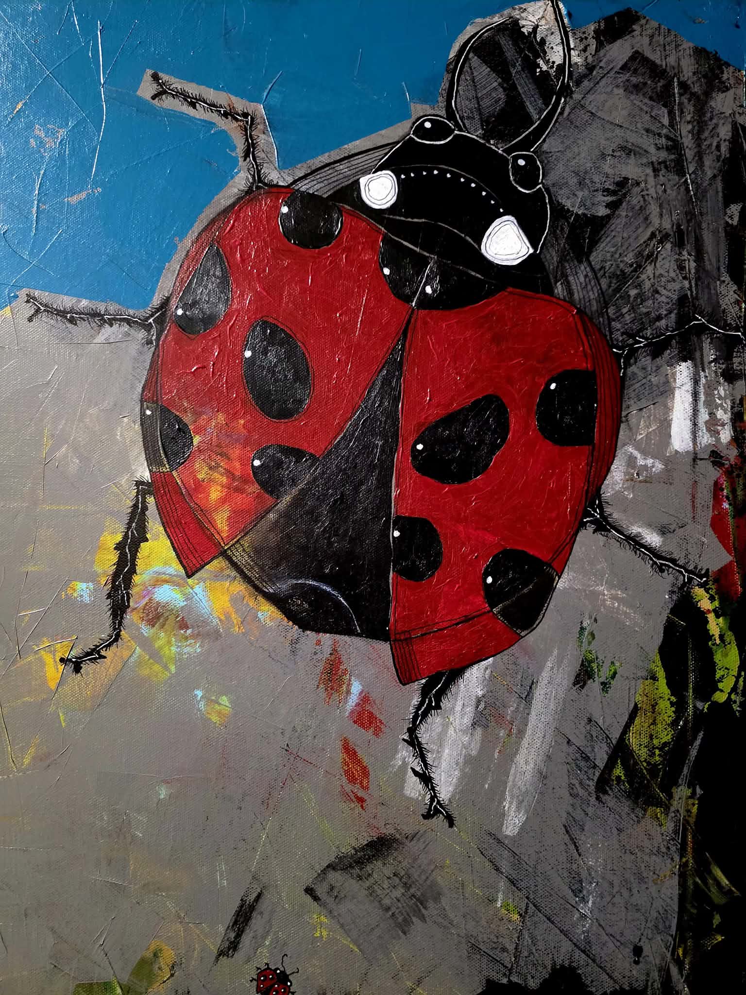 Acrylic painting of a ladybug on grey stone beneath a blue sky.